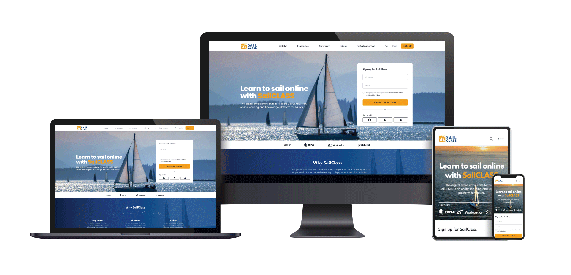 Screendesign der SailClass-Website auf allen Geräten